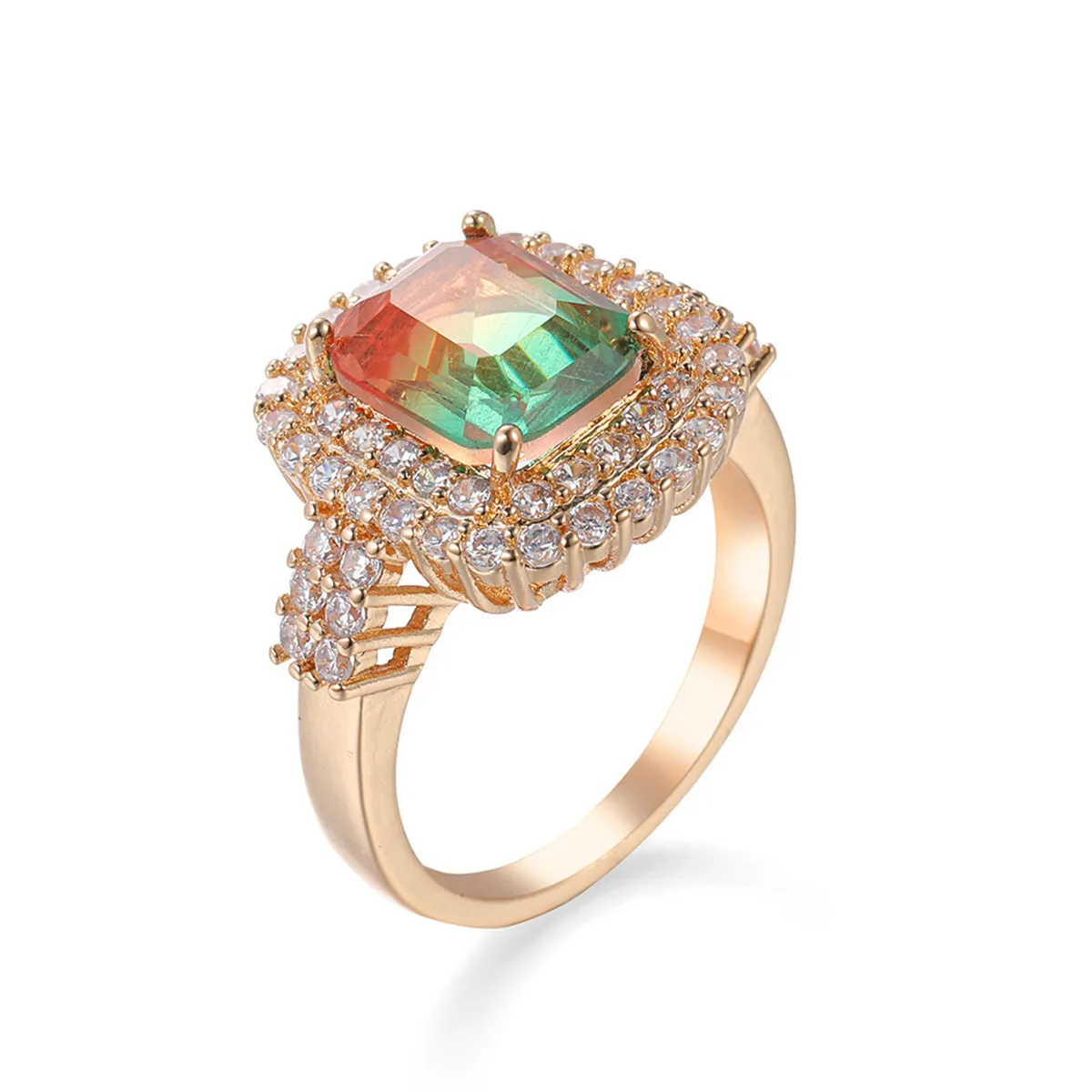 Red & Green Crystal Cubic Zirconia Layered Halo Ring