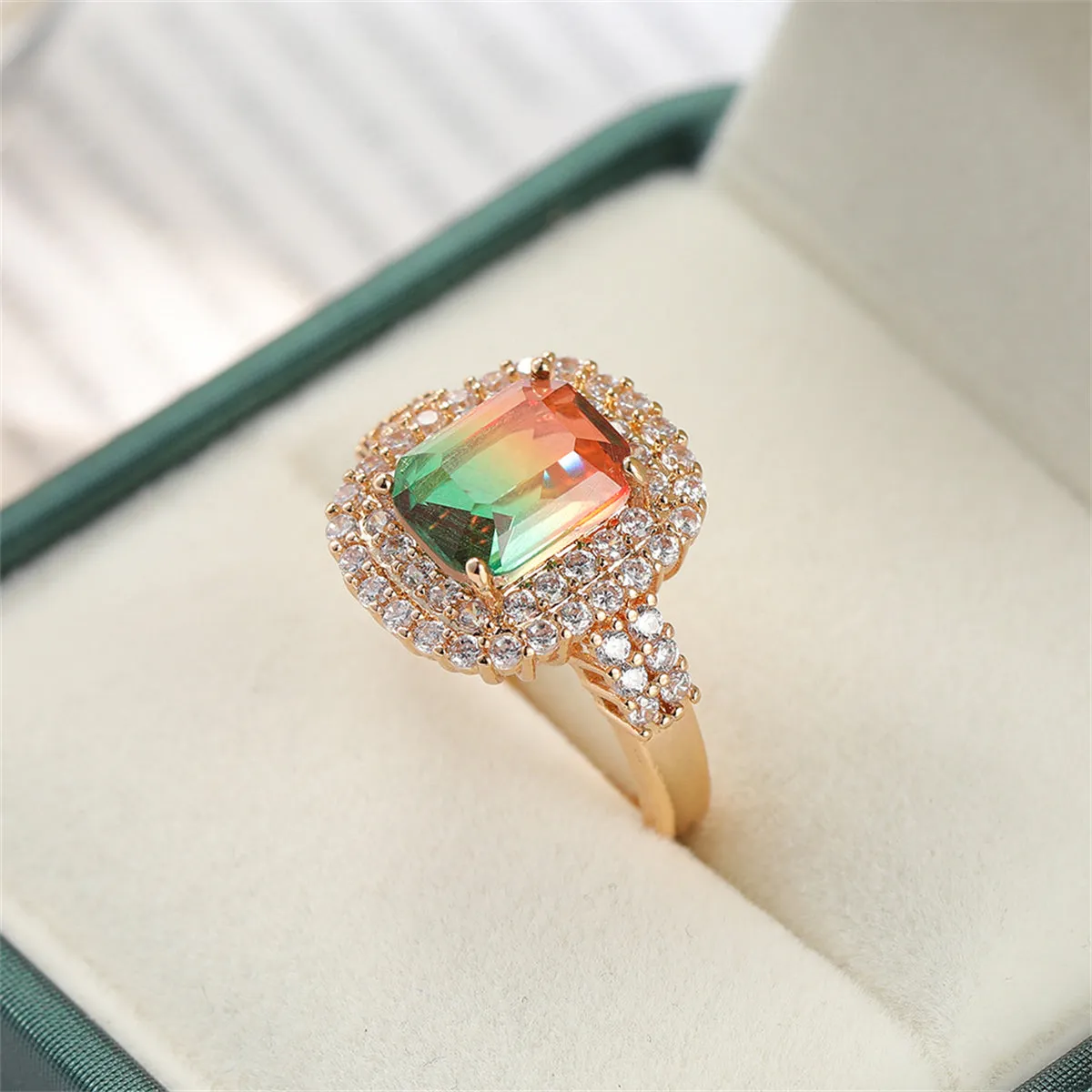 Red & Green Crystal Cubic Zirconia Layered Halo Ring