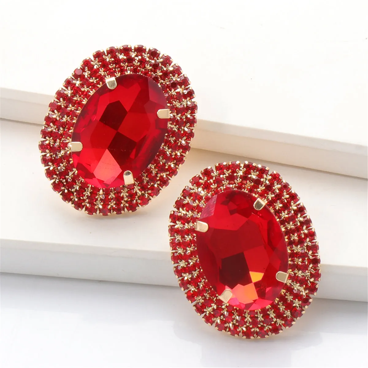 Red Crystal & Cubic Zirconia 18K Gold-Plated Oval Stud Earringss