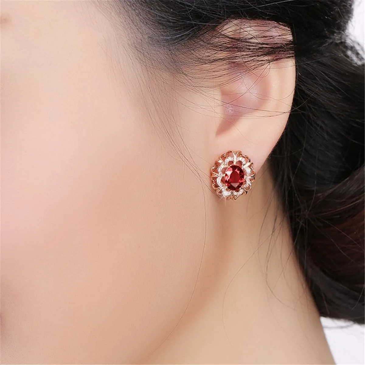 Red Crystal & Cubic Zirconia 18K Rose Gold-Plated Floral Stud Earrings