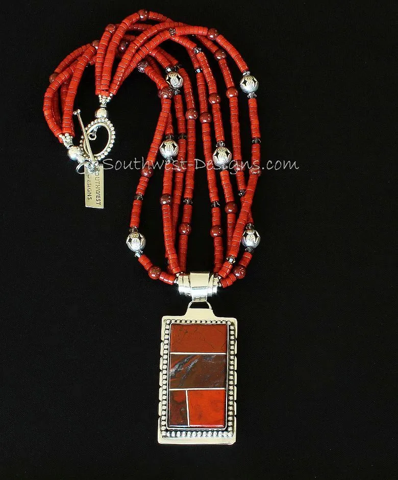 Red Jasper and Sterling Silver 4-Stone Inlaid Pendant with 4 Strands of Coral Heishi, Snakeskin Jasper Rounds, Fire Polished Glass, and Sterling Silver Beads and Toggle Clasp