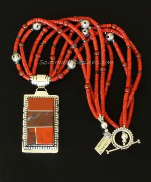 Red Jasper and Sterling Silver 4-Stone Inlaid Pendant with 4 Strands of Coral Heishi, Snakeskin Jasper Rounds, Fire Polished Glass, and Sterling Silver Beads and Toggle Clasp