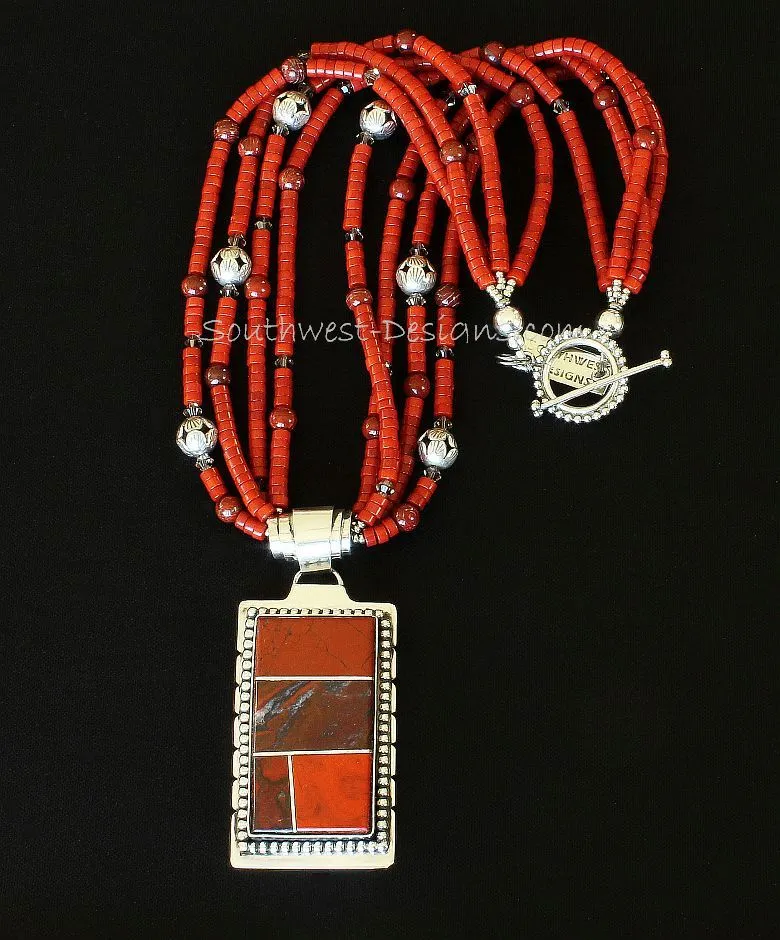 Red Jasper and Sterling Silver 4-Stone Inlaid Pendant with 4 Strands of Coral Heishi, Snakeskin Jasper Rounds, Fire Polished Glass, and Sterling Silver Beads and Toggle Clasp