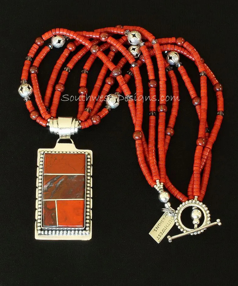 Red Jasper and Sterling Silver 4-Stone Inlaid Pendant with 4 Strands of Coral Heishi, Snakeskin Jasper Rounds, Fire Polished Glass, and Sterling Silver Beads and Toggle Clasp