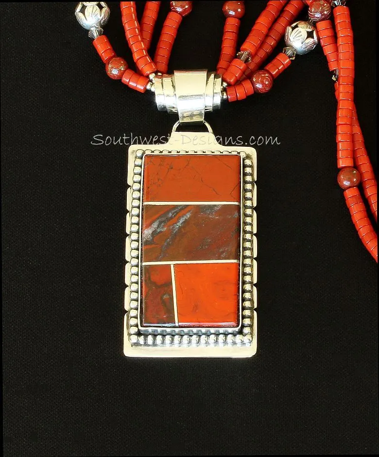 Red Jasper and Sterling Silver 4-Stone Inlaid Pendant with 4 Strands of Coral Heishi, Snakeskin Jasper Rounds, Fire Polished Glass, and Sterling Silver Beads and Toggle Clasp