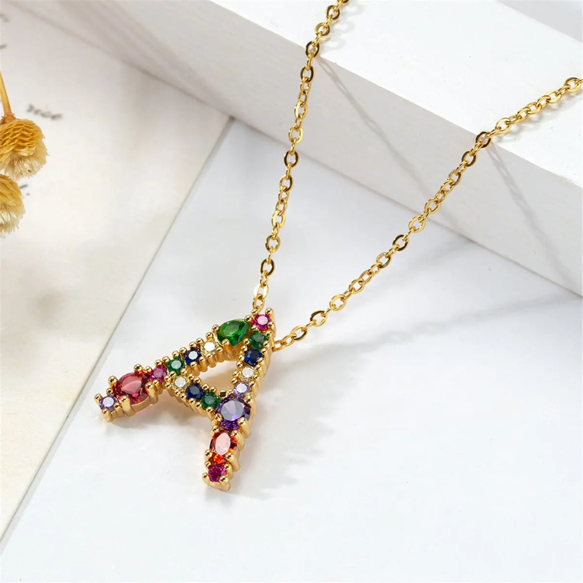 Red Multicolor Crystal & Cubic Zirconia Letter A Pendant Necklace
