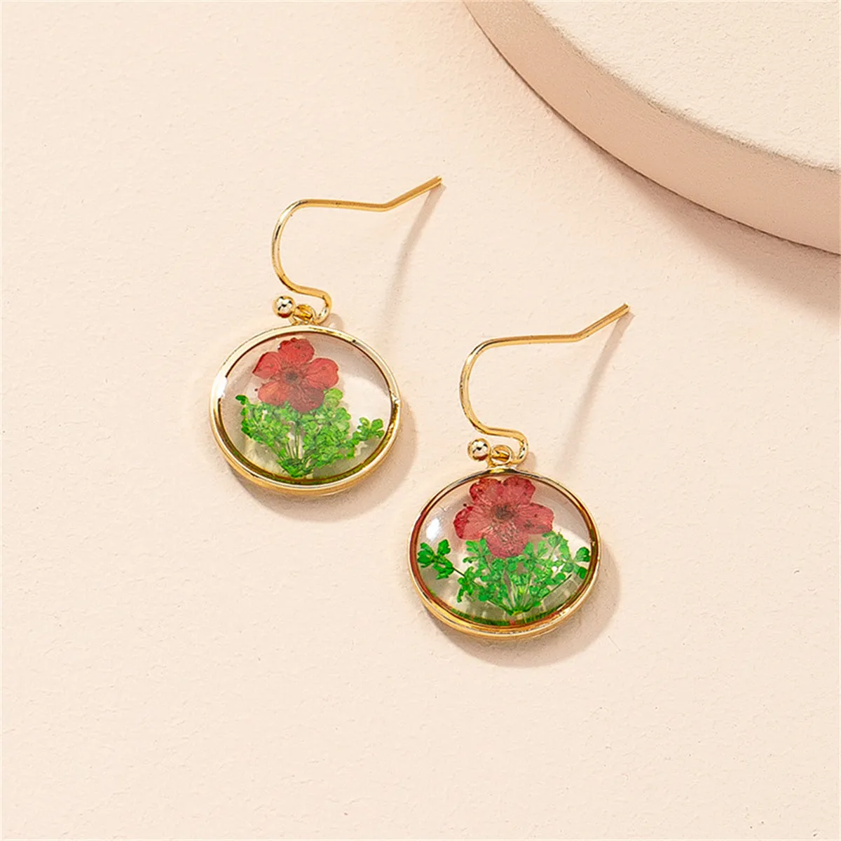 Red Peach Blossom & 18K Gold-Plated Pressed Flower Round Drop Earrings