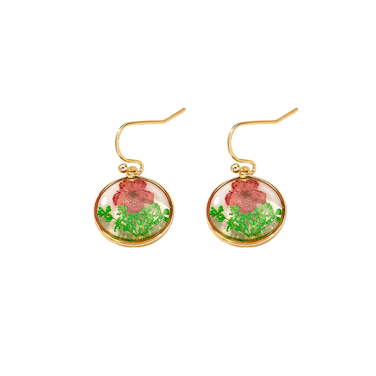 Red Peach Blossom & 18K Gold-Plated Pressed Flower Round Drop Earrings