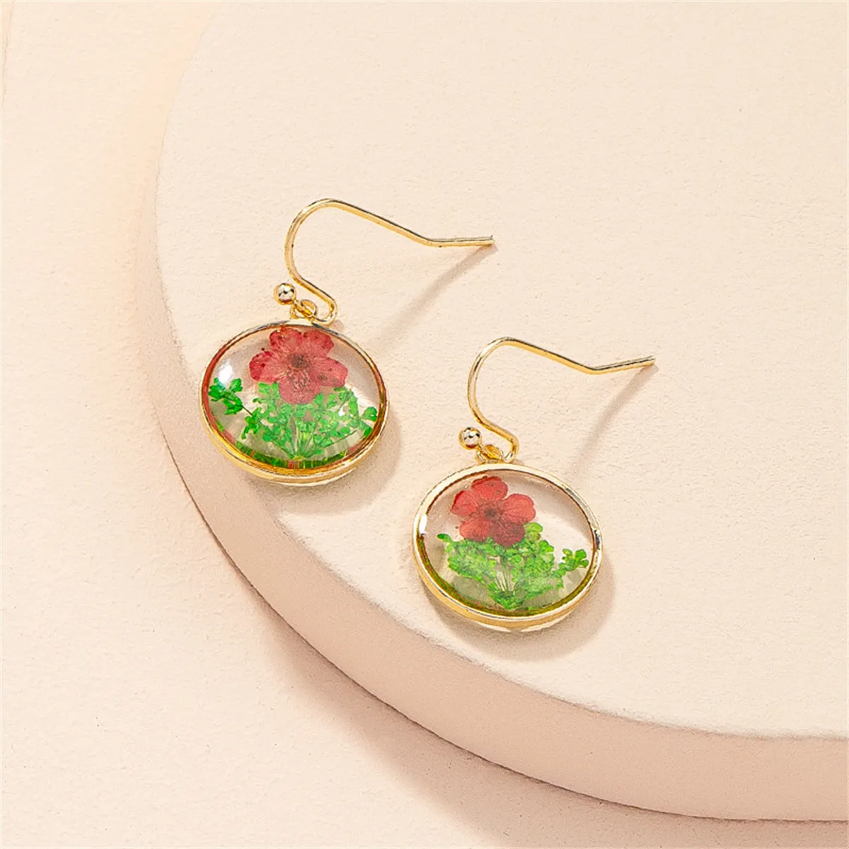 Red Peach Blossom & 18K Gold-Plated Pressed Flower Round Drop Earrings