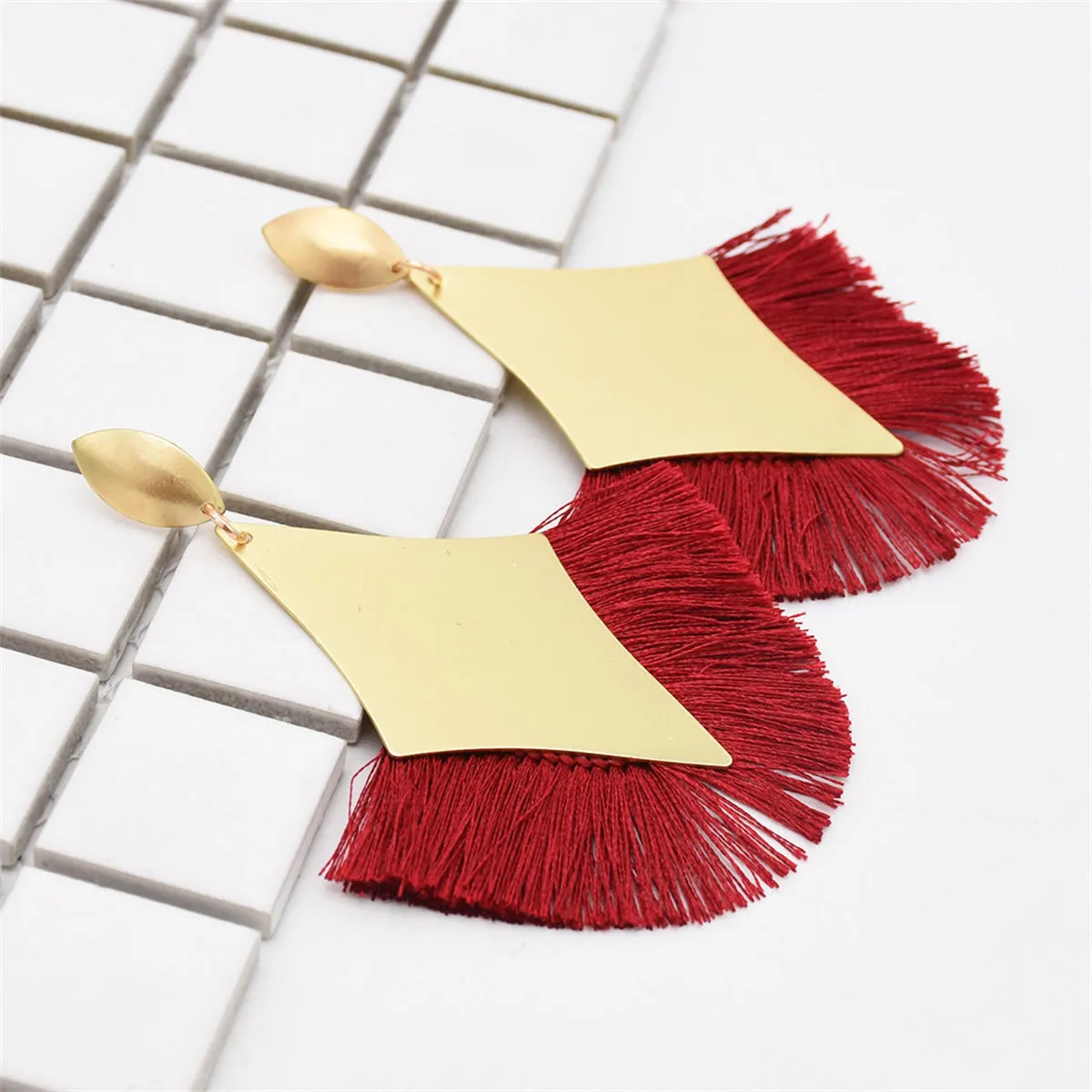 Red Polyster & 18K Gold-Plated Rhombus Tassel Fan Drop Earrings