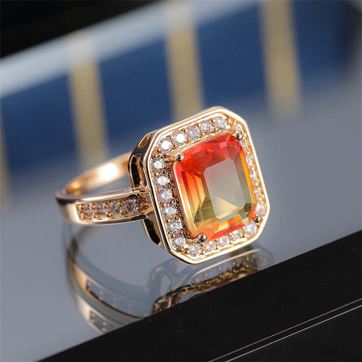 Red Yellow Crystal & Cubic Zirconia Halo Ring
