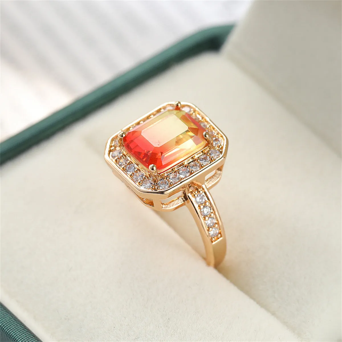 Red Yellow Crystal & Cubic Zirconia Halo Ring