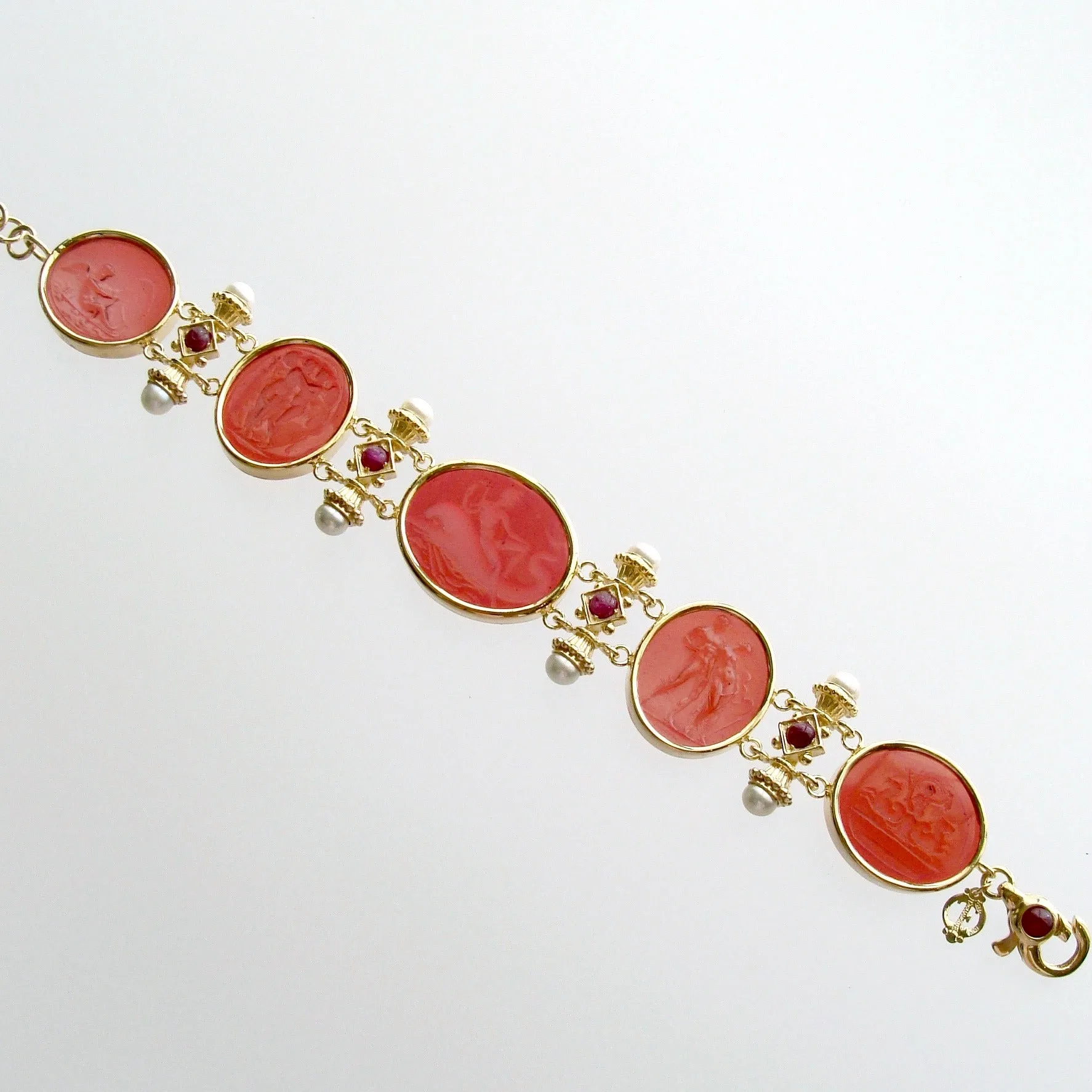 Reserved for LC - Venetian Glass Intaglios Pearls Rubies Bracelet -  Acireale Intaglio Bracelet