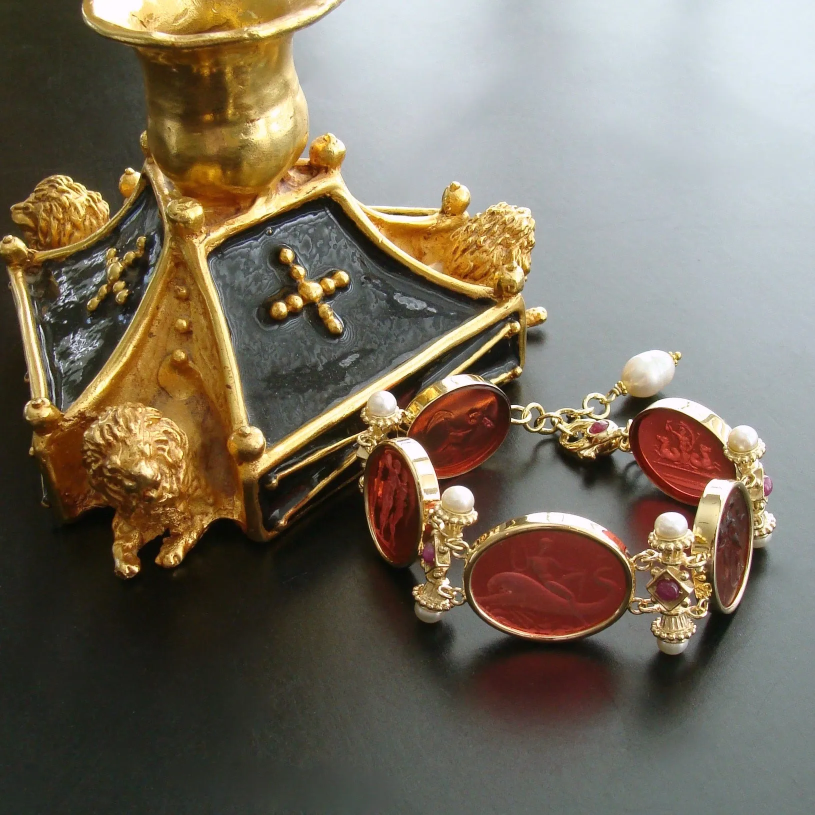 Reserved for LC - Venetian Glass Intaglios Pearls Rubies Bracelet -  Acireale Intaglio Bracelet