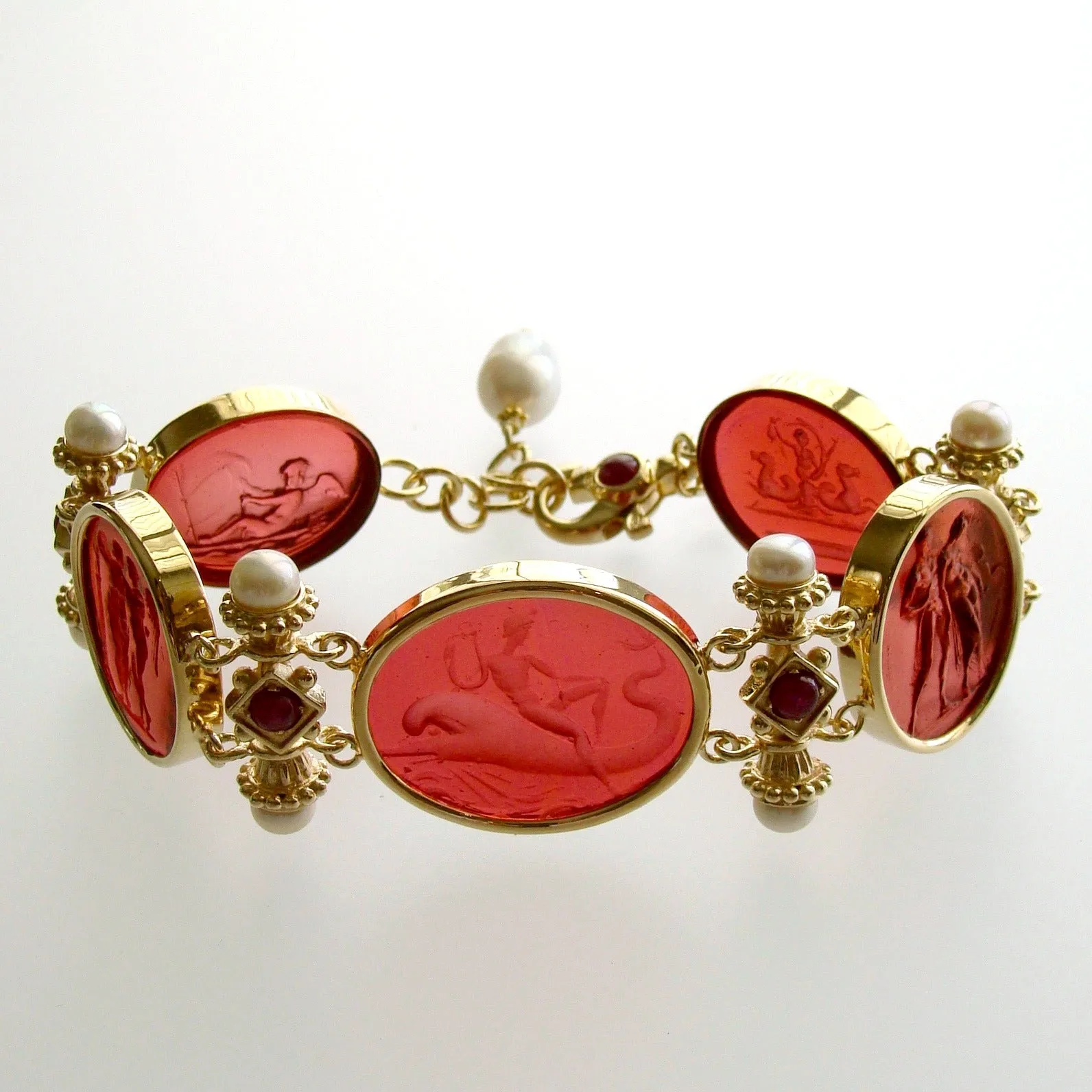 Reserved for LC - Venetian Glass Intaglios Pearls Rubies Bracelet -  Acireale Intaglio Bracelet