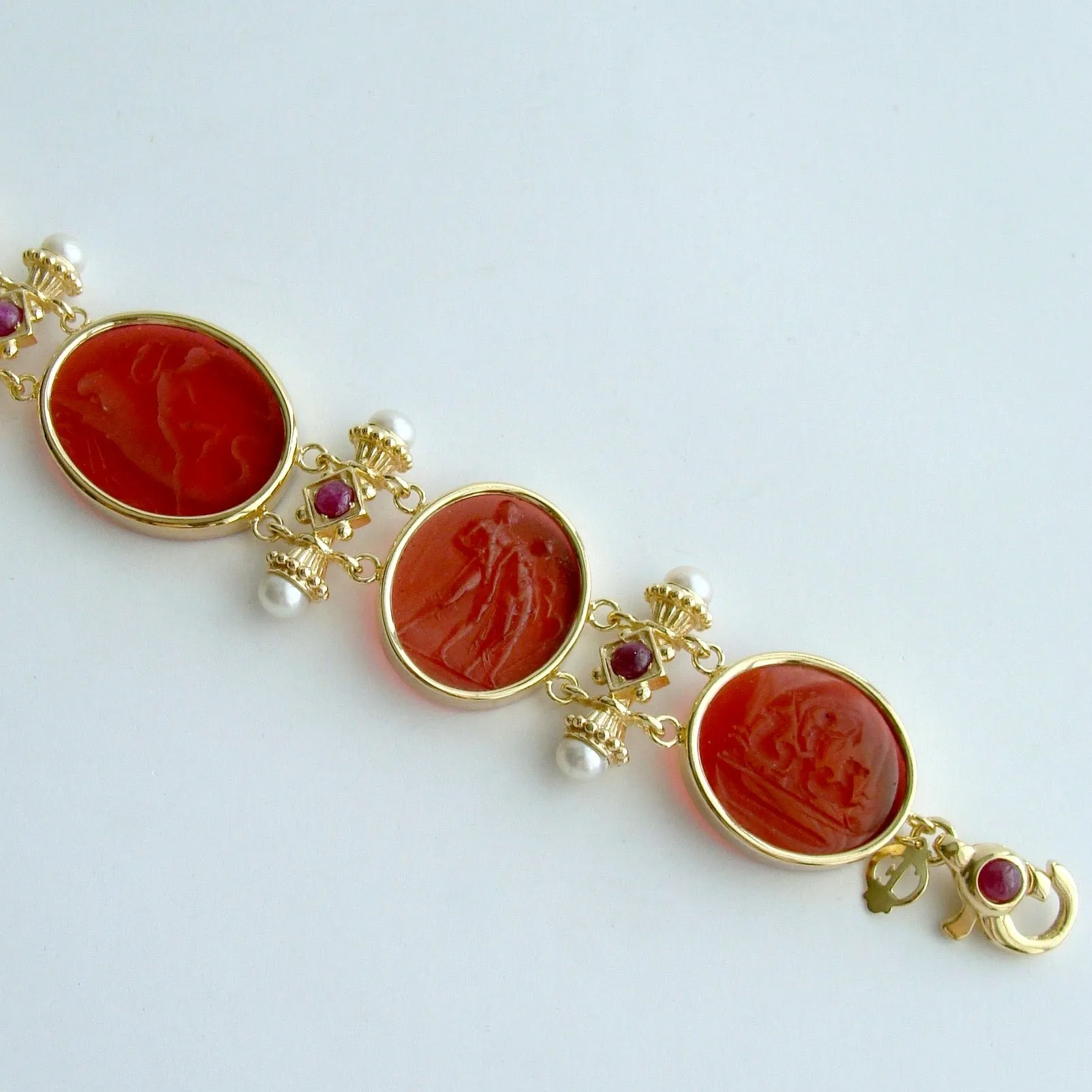 Reserved for LC - Venetian Glass Intaglios Pearls Rubies Bracelet -  Acireale Intaglio Bracelet