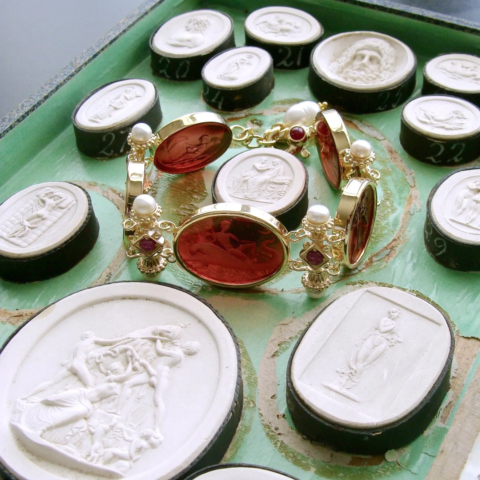 Reserved for LC - Venetian Glass Intaglios Pearls Rubies Bracelet -  Acireale Intaglio Bracelet