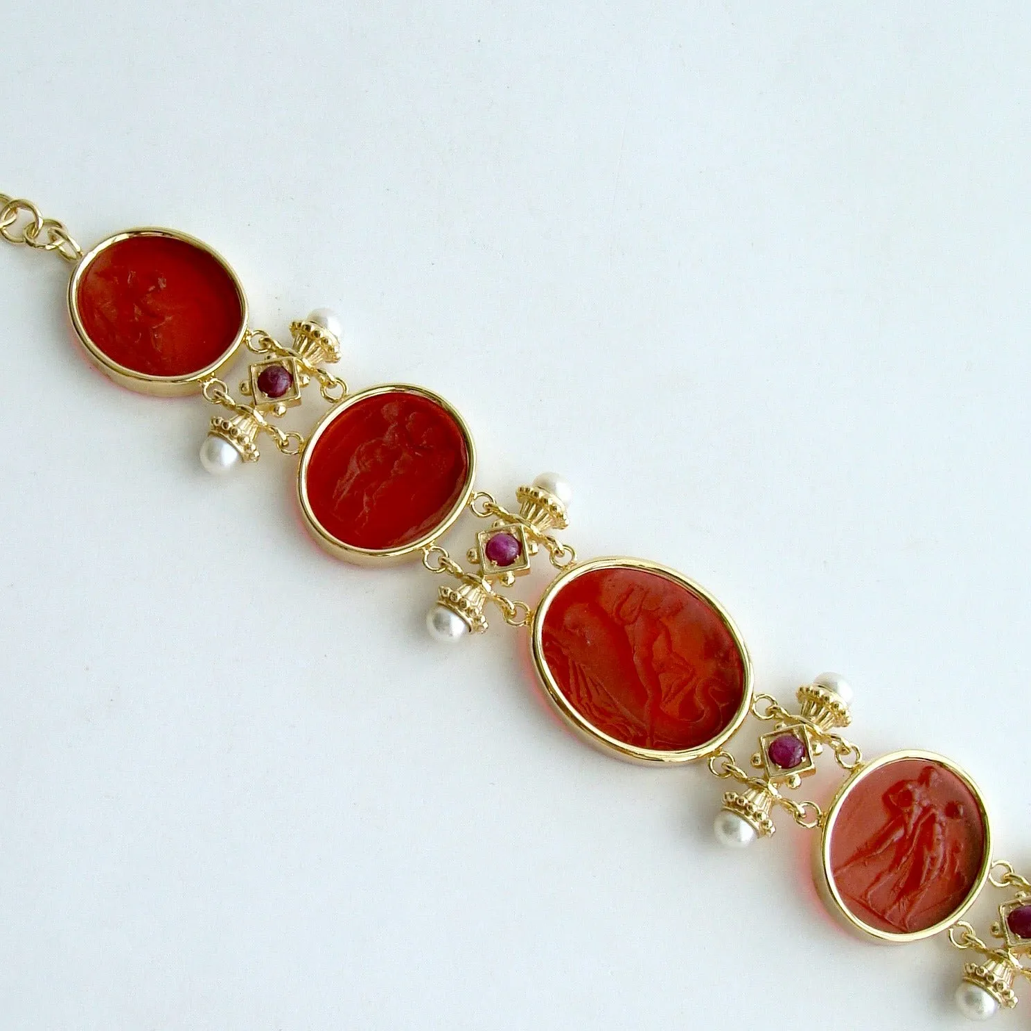 Reserved for LC - Venetian Glass Intaglios Pearls Rubies Bracelet -  Acireale Intaglio Bracelet