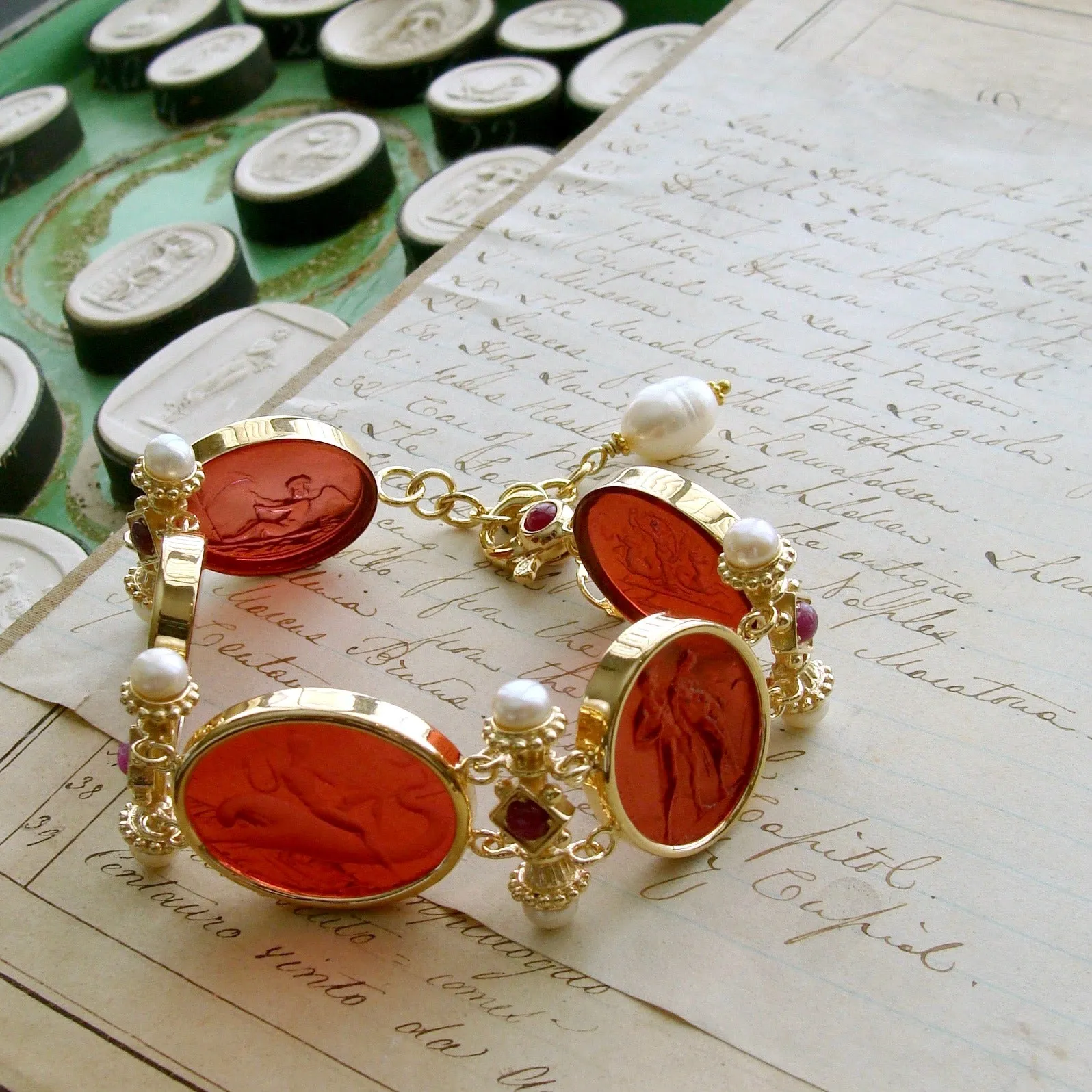 Reserved for LC - Venetian Glass Intaglios Pearls Rubies Bracelet -  Acireale Intaglio Bracelet