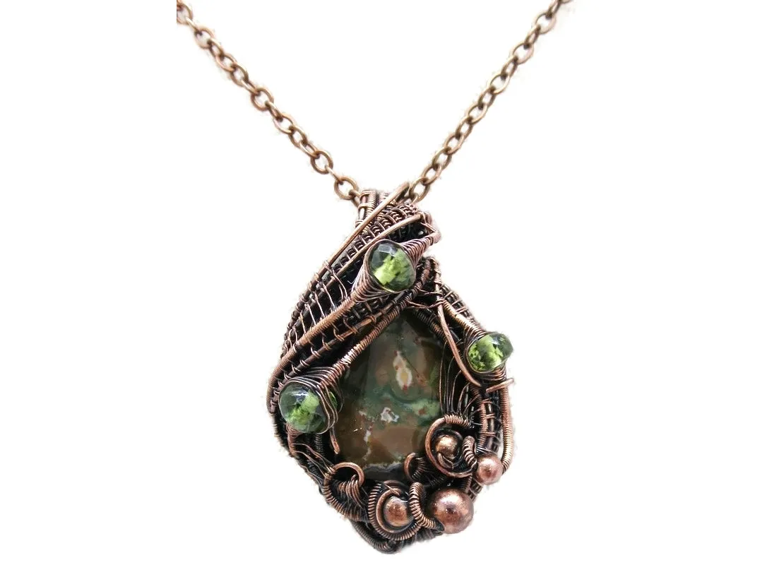Rhyolite Pendant Necklace, Wire-Wrapped in Bronze with Peridot