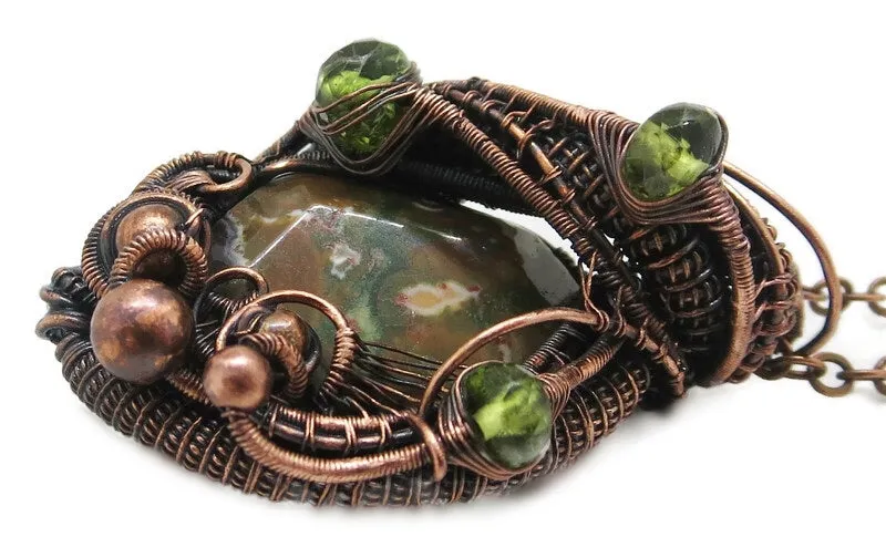 Rhyolite Pendant Necklace, Wire-Wrapped in Bronze with Peridot