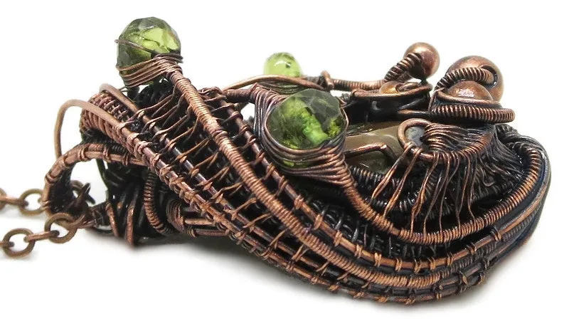 Rhyolite Pendant Necklace, Wire-Wrapped in Bronze with Peridot
