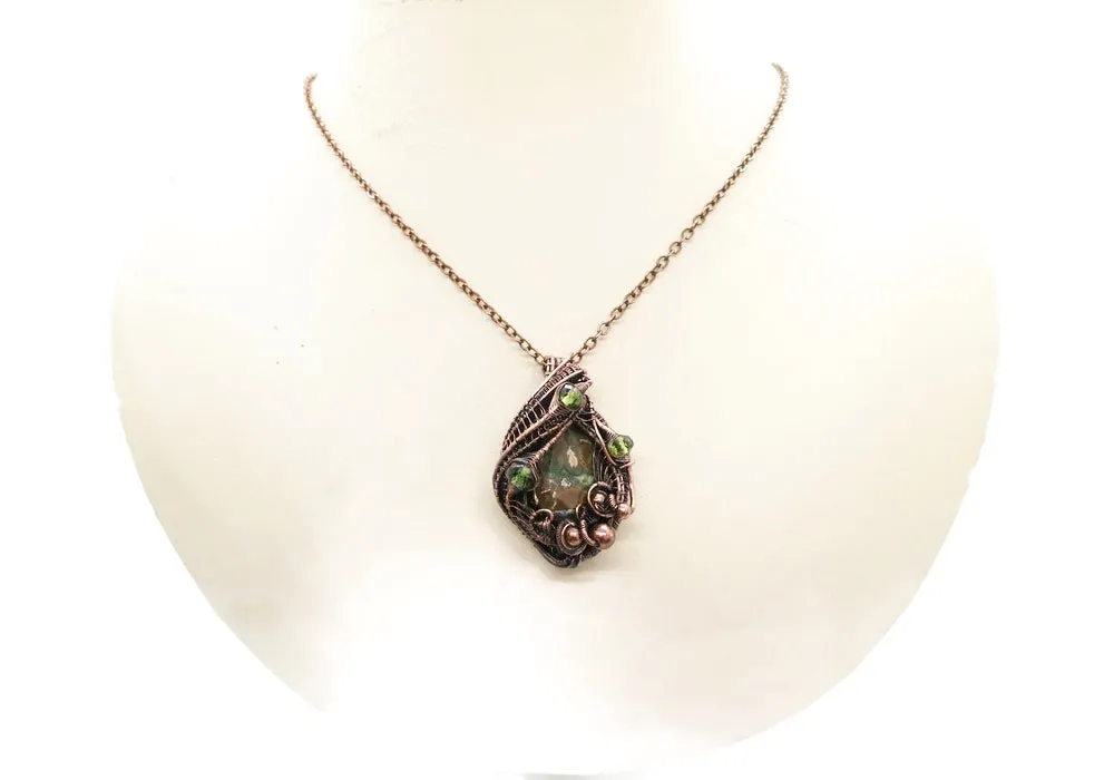 Rhyolite Pendant Necklace, Wire-Wrapped in Bronze with Peridot