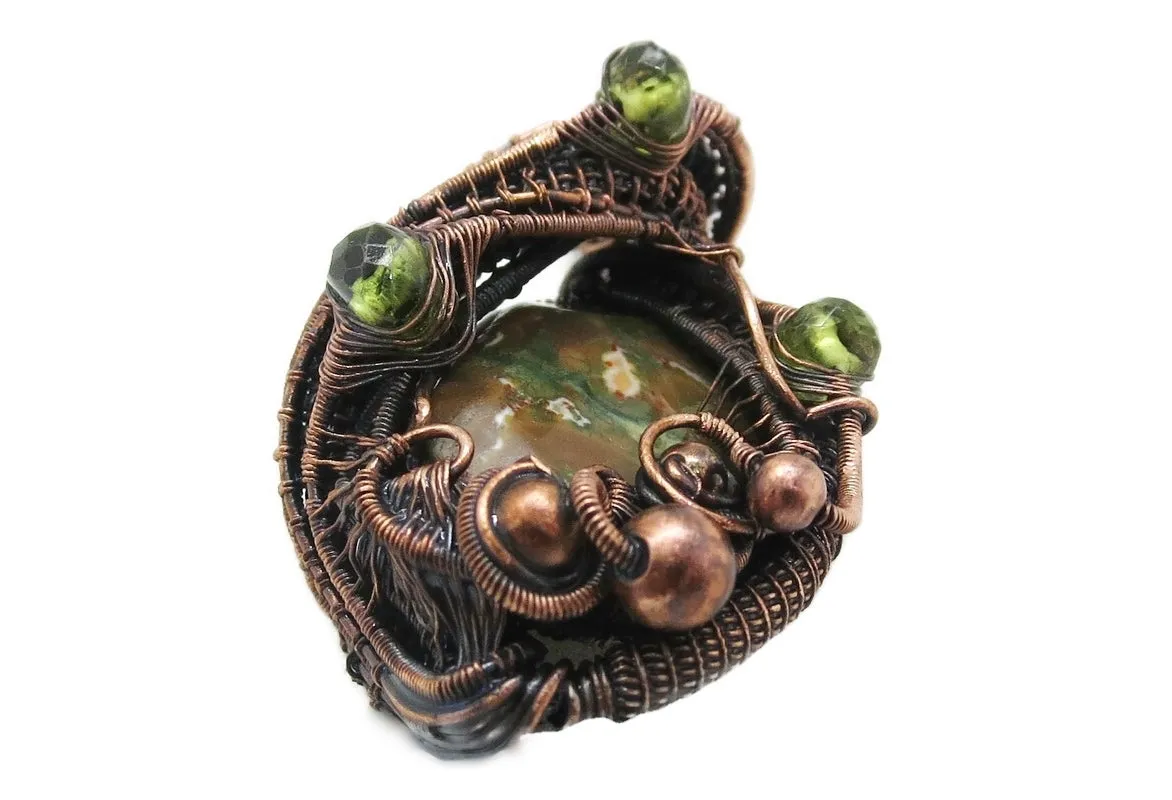 Rhyolite Pendant Necklace, Wire-Wrapped in Bronze with Peridot