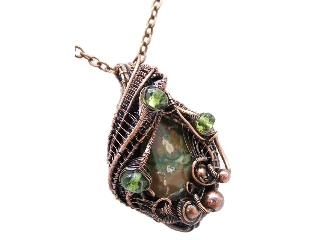 Rhyolite Pendant Necklace, Wire-Wrapped in Bronze with Peridot