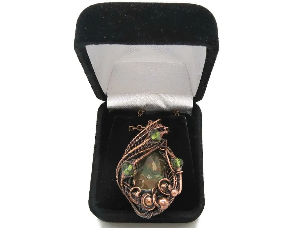 Rhyolite Pendant Necklace, Wire-Wrapped in Bronze with Peridot