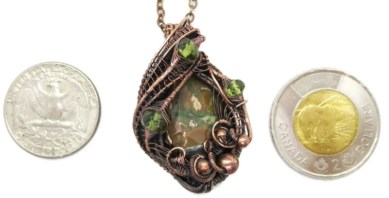Rhyolite Pendant Necklace, Wire-Wrapped in Bronze with Peridot