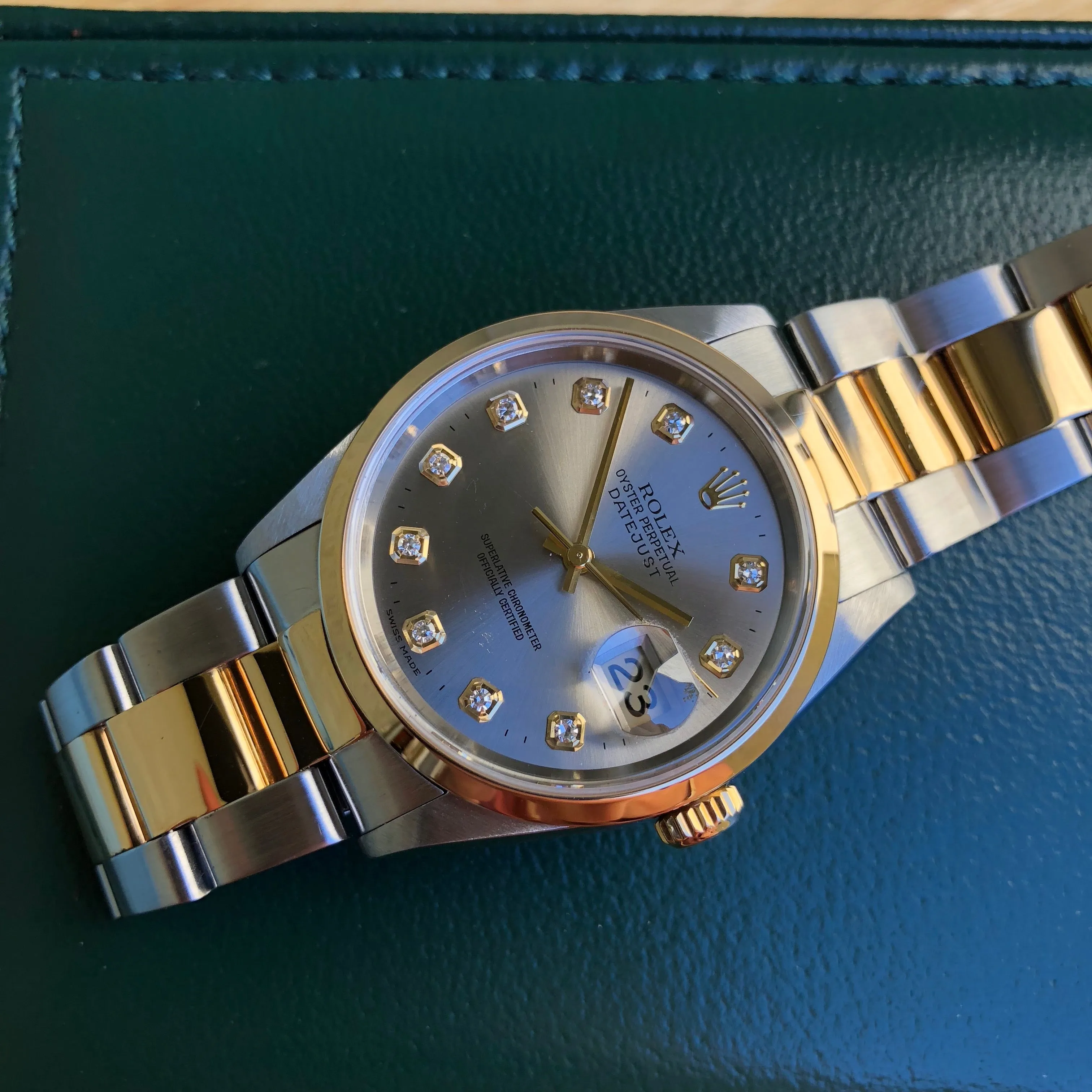 Rolex Datejust 16203 Steel Serti Diamond Two Tone 18K Gold Wristwatch Box & Papers