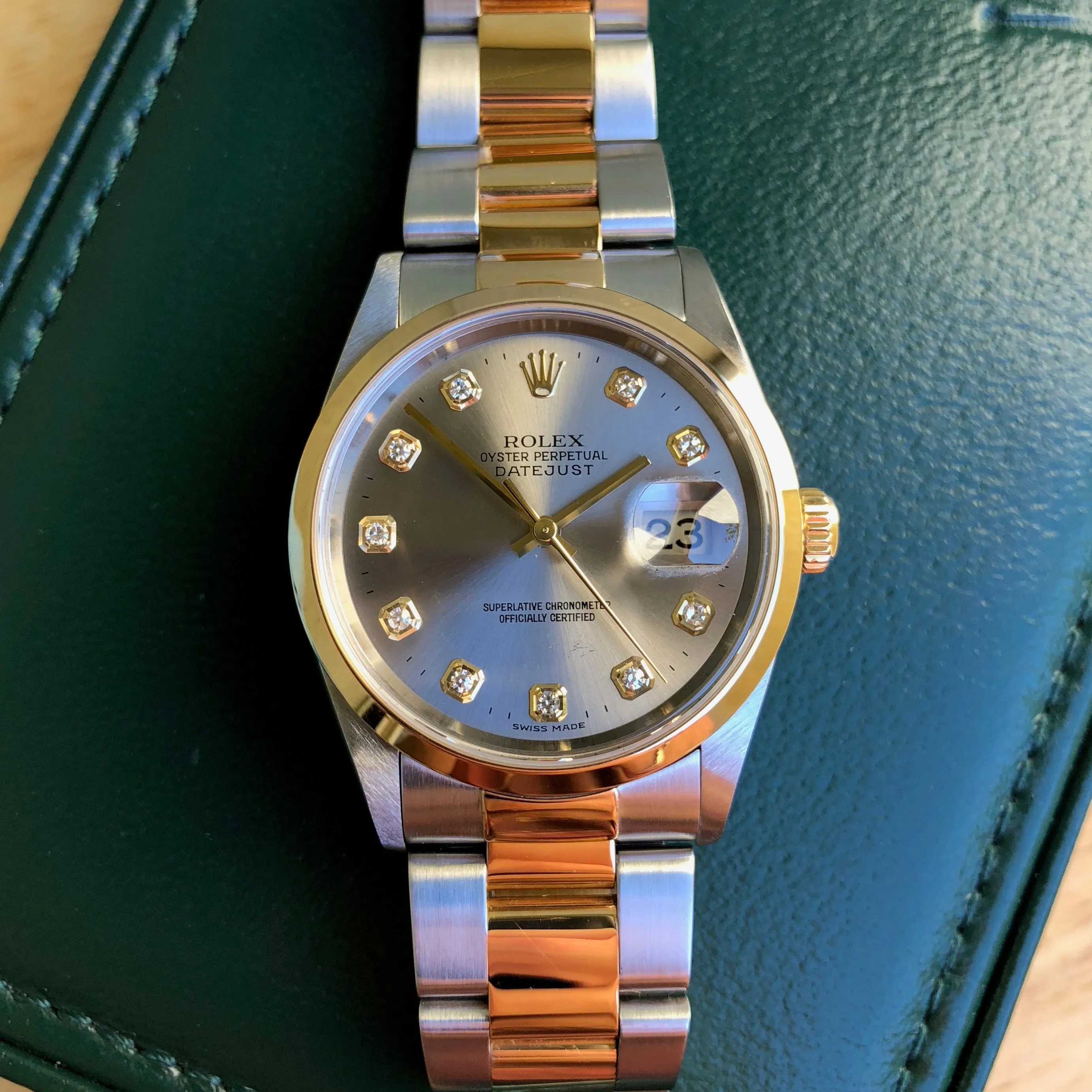 Rolex Datejust 16203 Steel Serti Diamond Two Tone 18K Gold Wristwatch Box & Papers