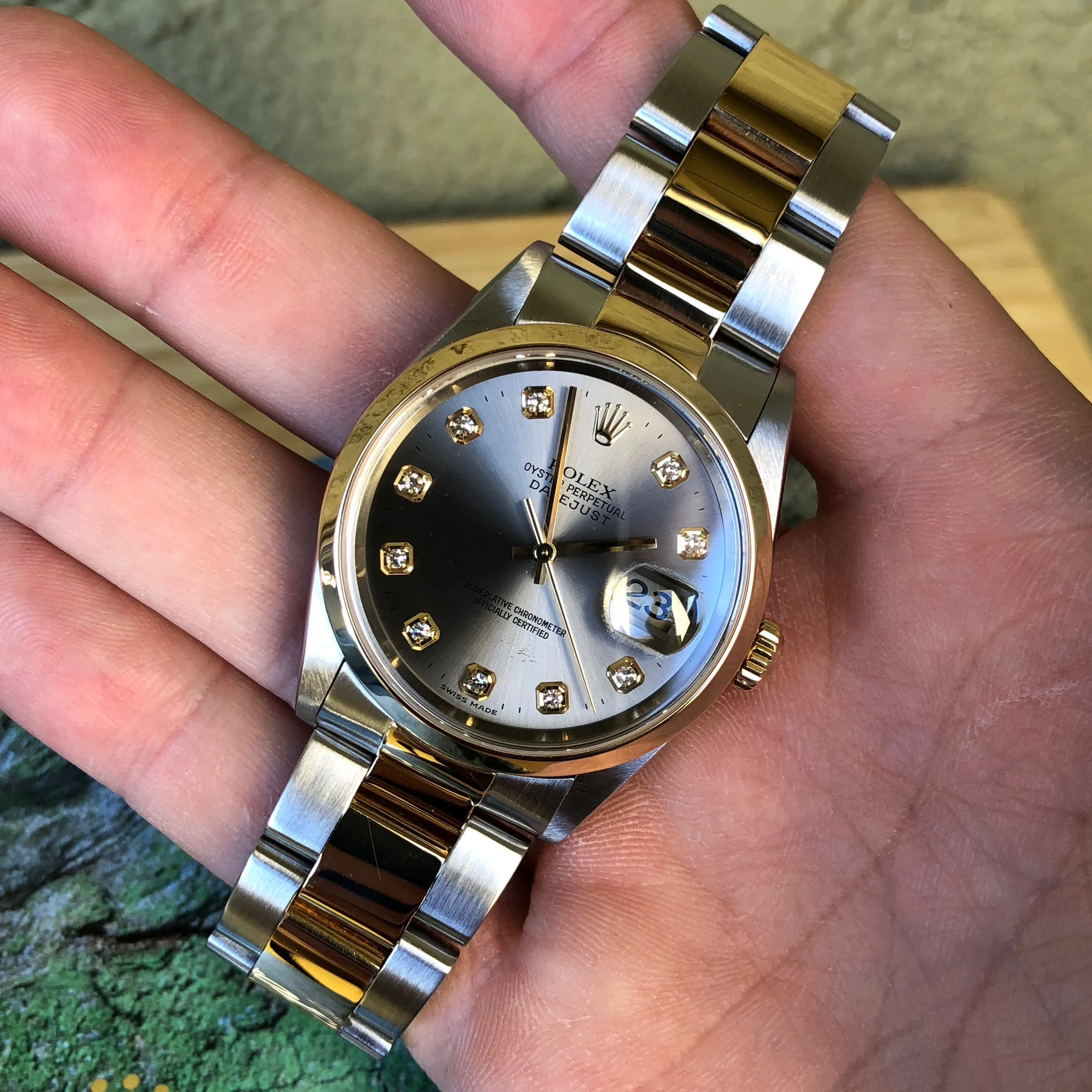 Rolex Datejust 16203 Steel Serti Diamond Two Tone 18K Gold Wristwatch Box & Papers
