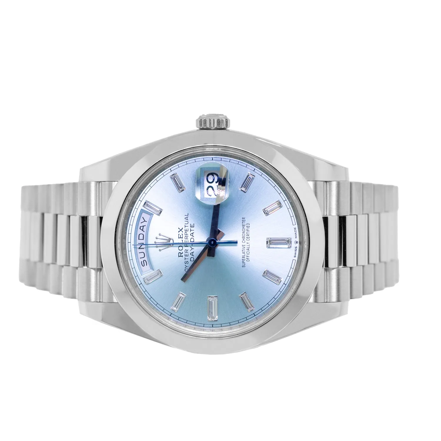 Rolex Day-Date 40mm Platinum Ice Blue Diamond Dial & Smooth Bezel 228206