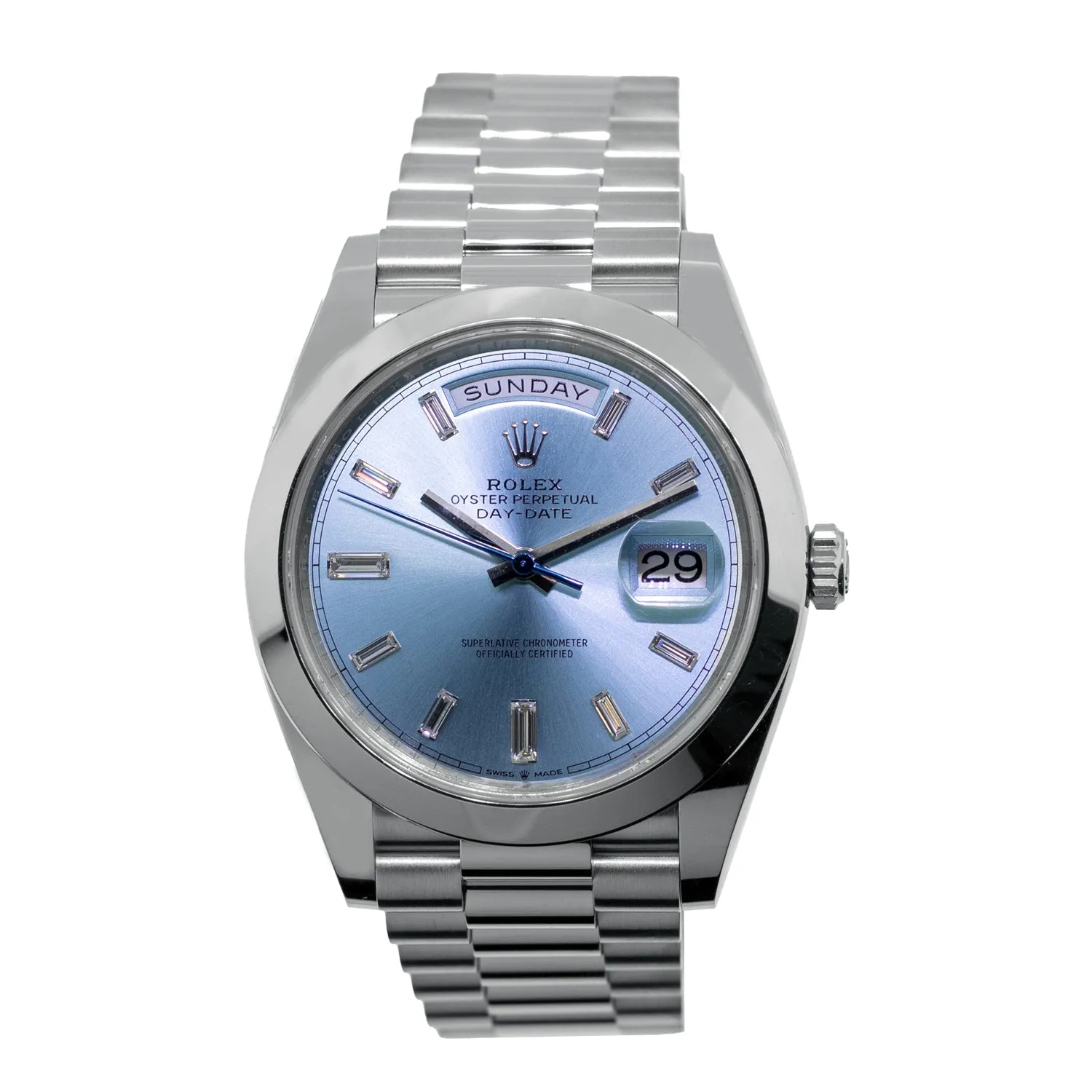 Rolex Day-Date 40mm Platinum Ice Blue Diamond Dial & Smooth Bezel 228206