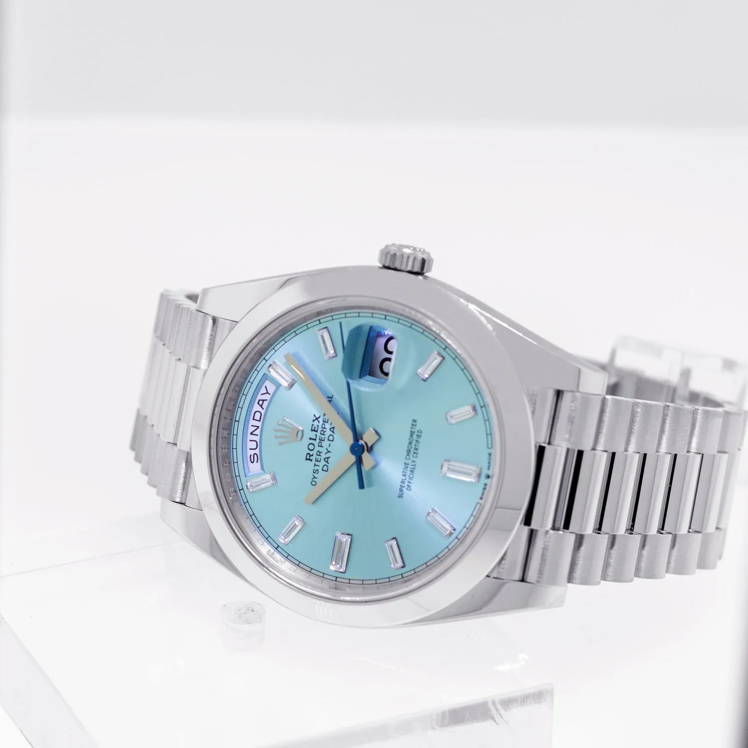 Rolex Day-Date 40mm Platinum Ice Blue Diamond Dial & Smooth Bezel 228206