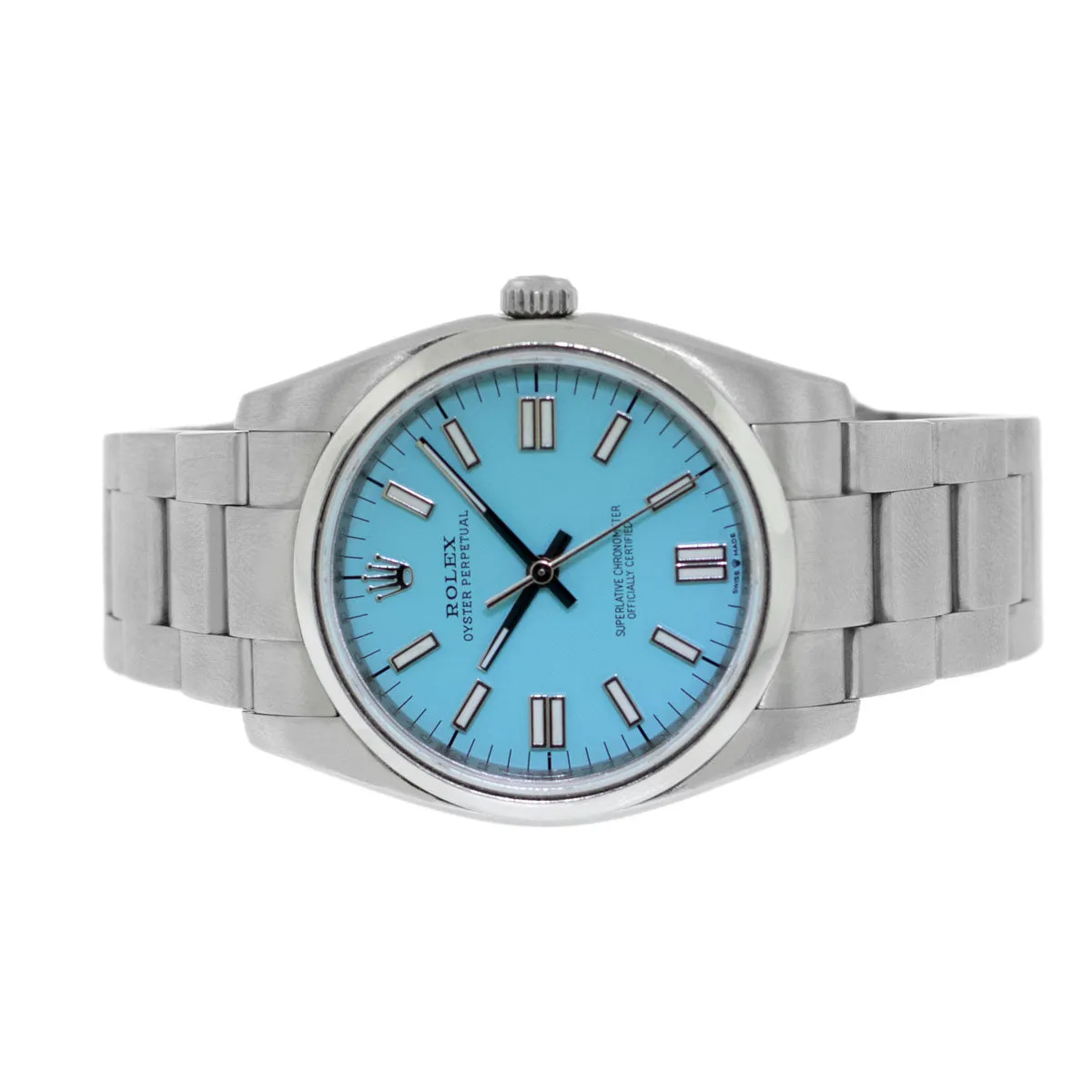 Rolex Oyster Perpetual 34mm Stainless Steel CUSTOM Tiffany Blue Index Dial & Smooth Bezel 114210