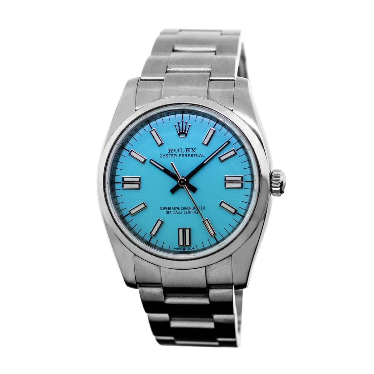 Rolex Oyster Perpetual 34mm Stainless Steel CUSTOM Tiffany Blue Index Dial & Smooth Bezel 114210