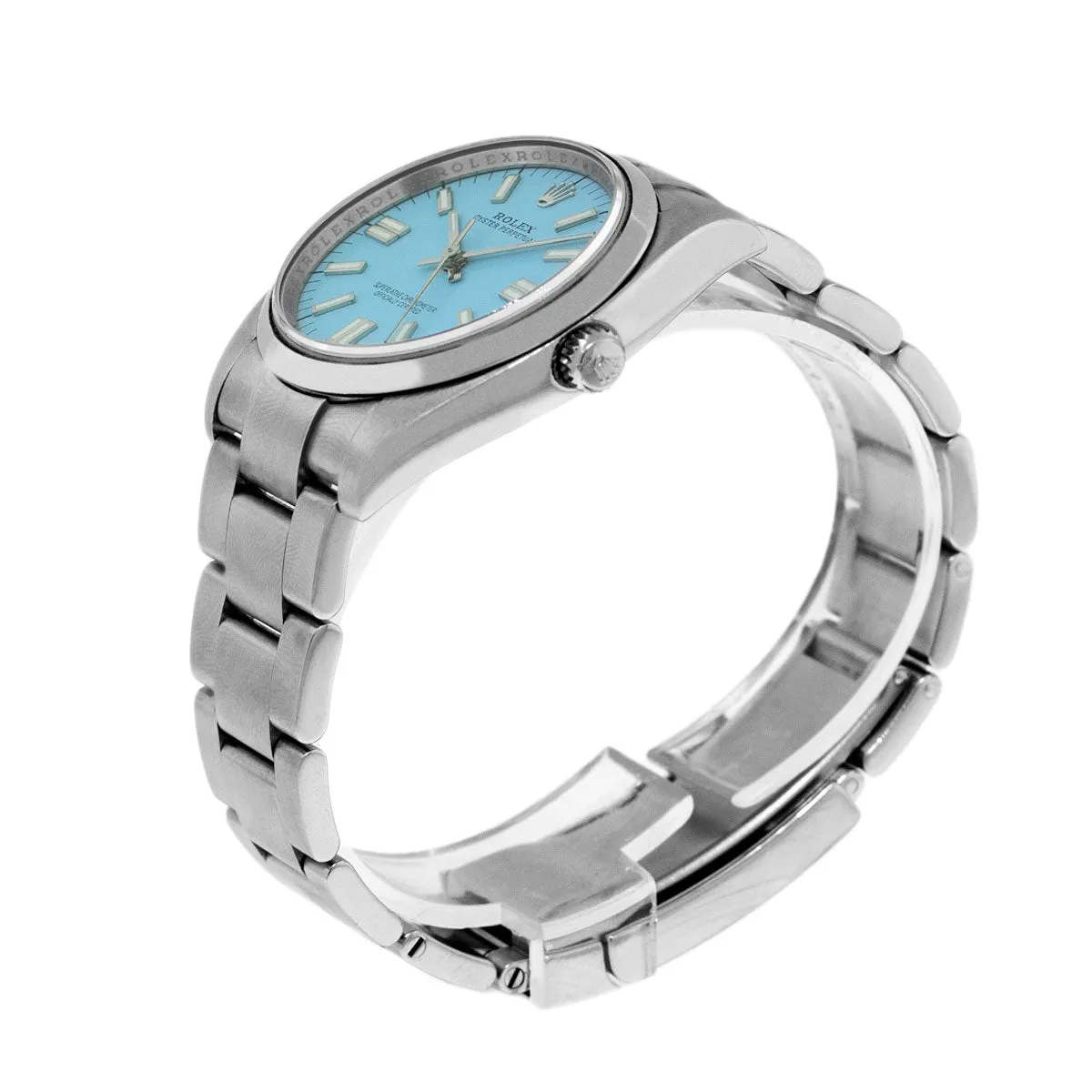Rolex Oyster Perpetual 34mm Stainless Steel CUSTOM Tiffany Blue Index Dial & Smooth Bezel 114210