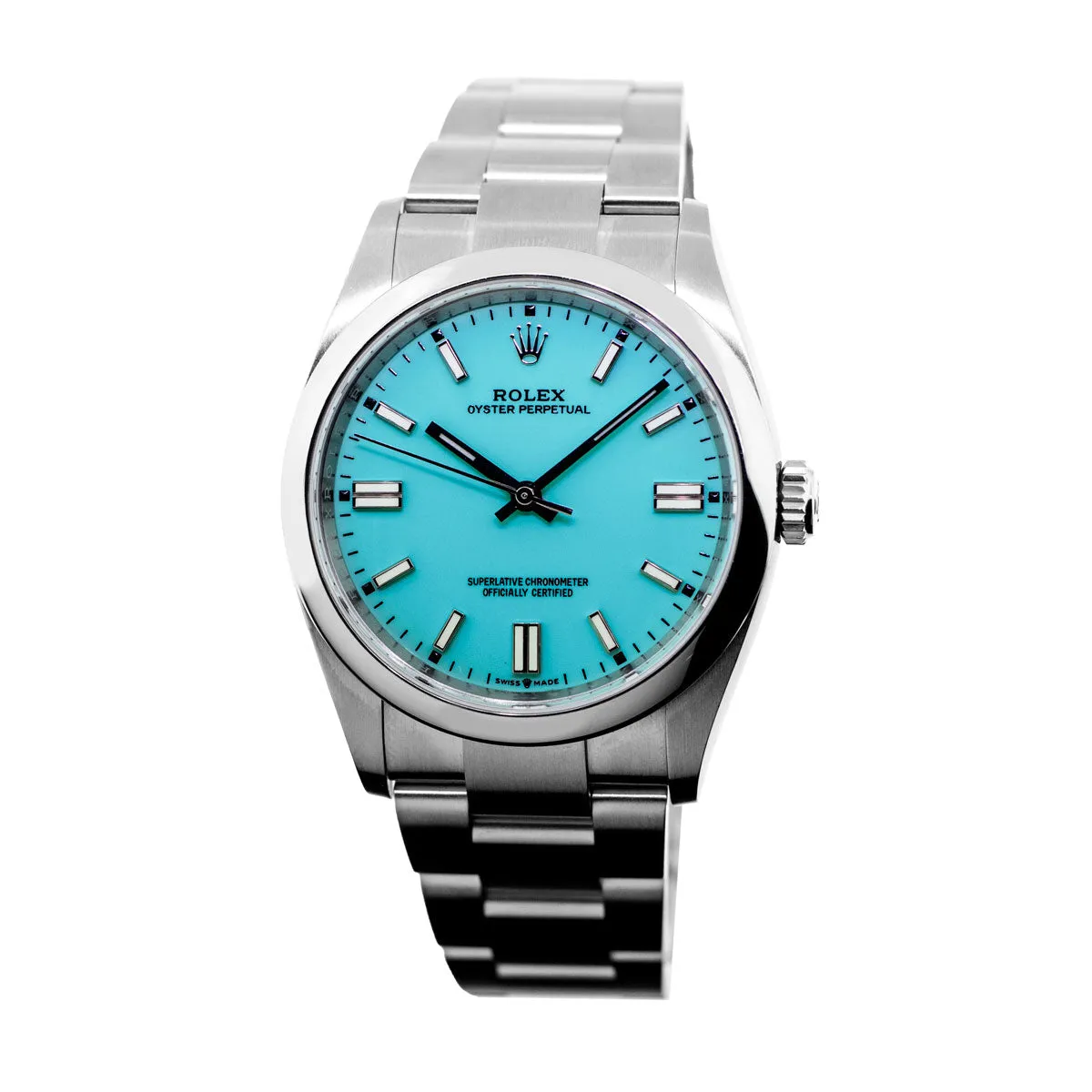 Rolex Oyster Perpetual 36mm Stainless Steel CUSTOM Tiffany Blue Index Dial & Smooth Bezel 126000