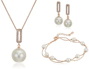 Rose Gold Jewelry: Swarovski Crystal Simulated White Pearls Necklace and Jewelry Set Set for Women - Wedding Party, Bridal and Bridesmaid Accessories - 18K Rose Gold Plated Earring Sets
