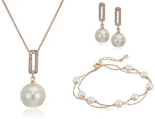 Rose Gold Jewelry: Swarovski Crystal Simulated White Pearls Necklace and Jewelry Set Set for Women - Wedding Party, Bridal and Bridesmaid Accessories - 18K Rose Gold Plated Earring Sets