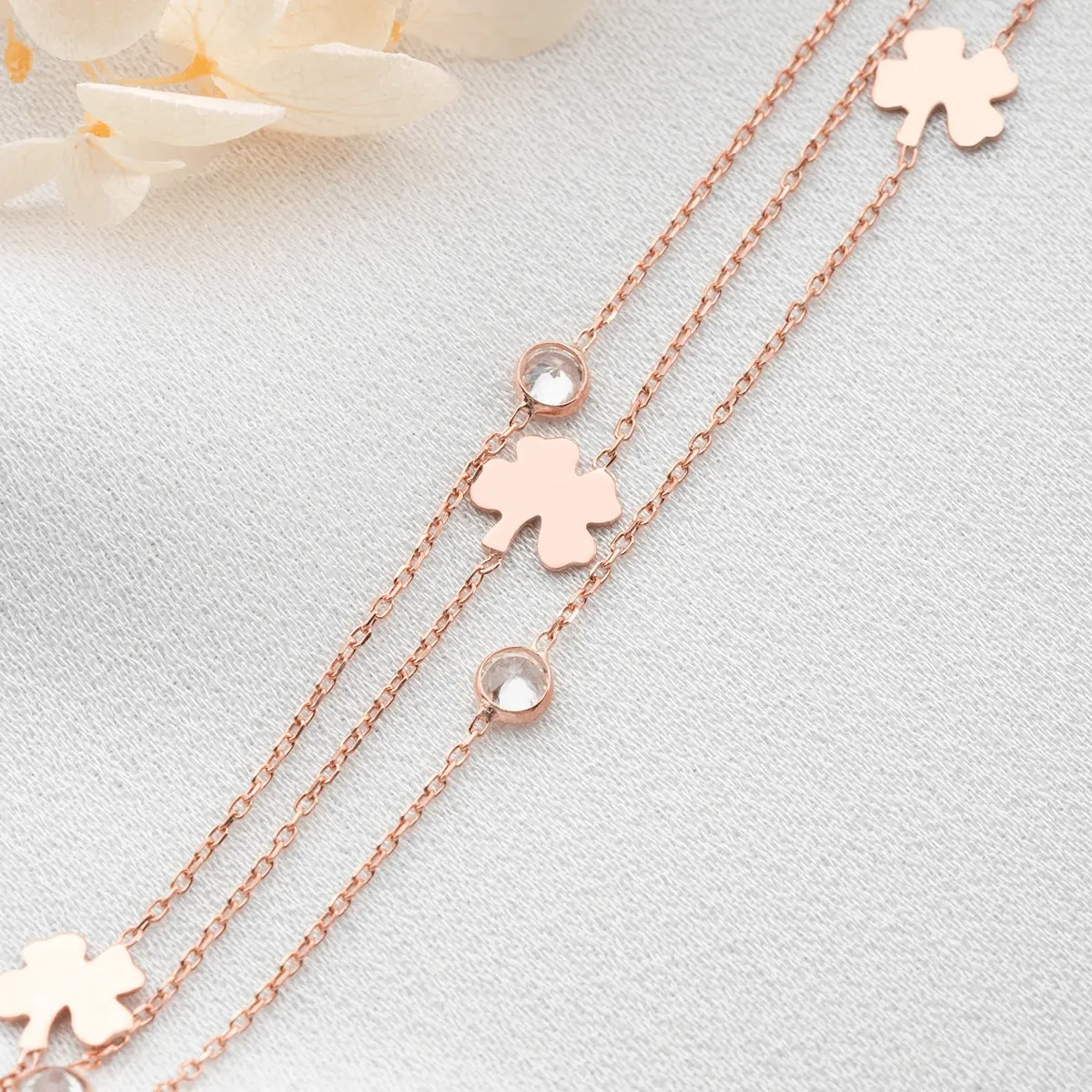 Rose Plated Sterling Silver Clover Layered Chain Bracelet