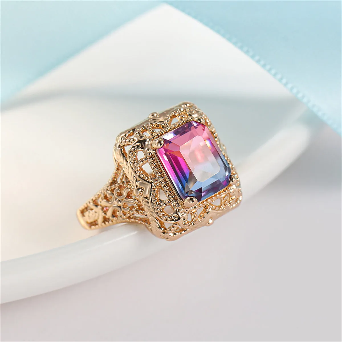 Rose Purple Crystal & 18K Gold-Plated Radiant-Cut Ring