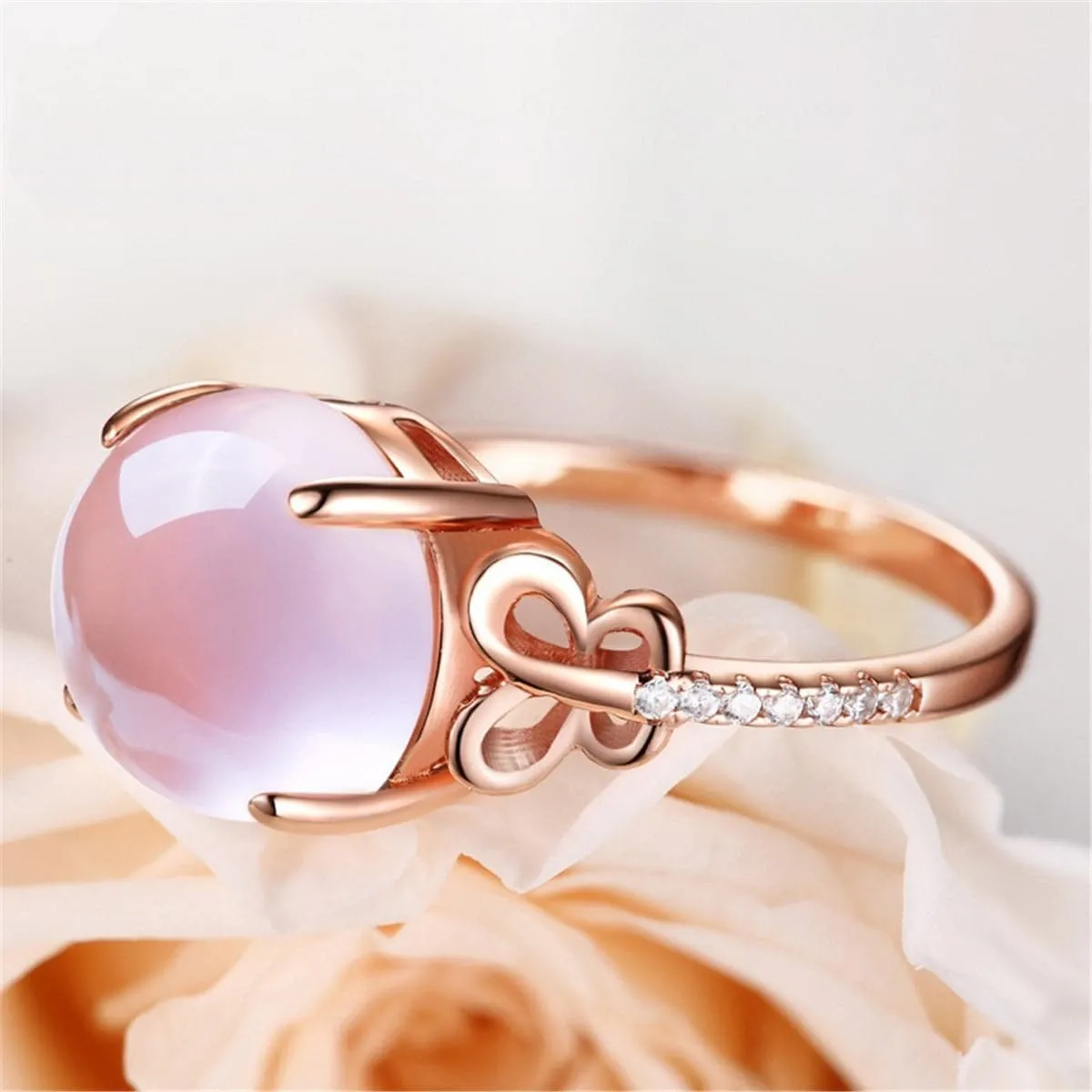 Rose Quartz & Cubic Zirconia Round Butterfly Ring
