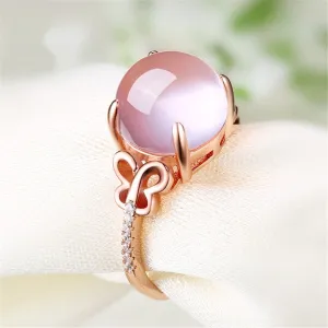 Rose Quartz & Cubic Zirconia Round Butterfly Ring
