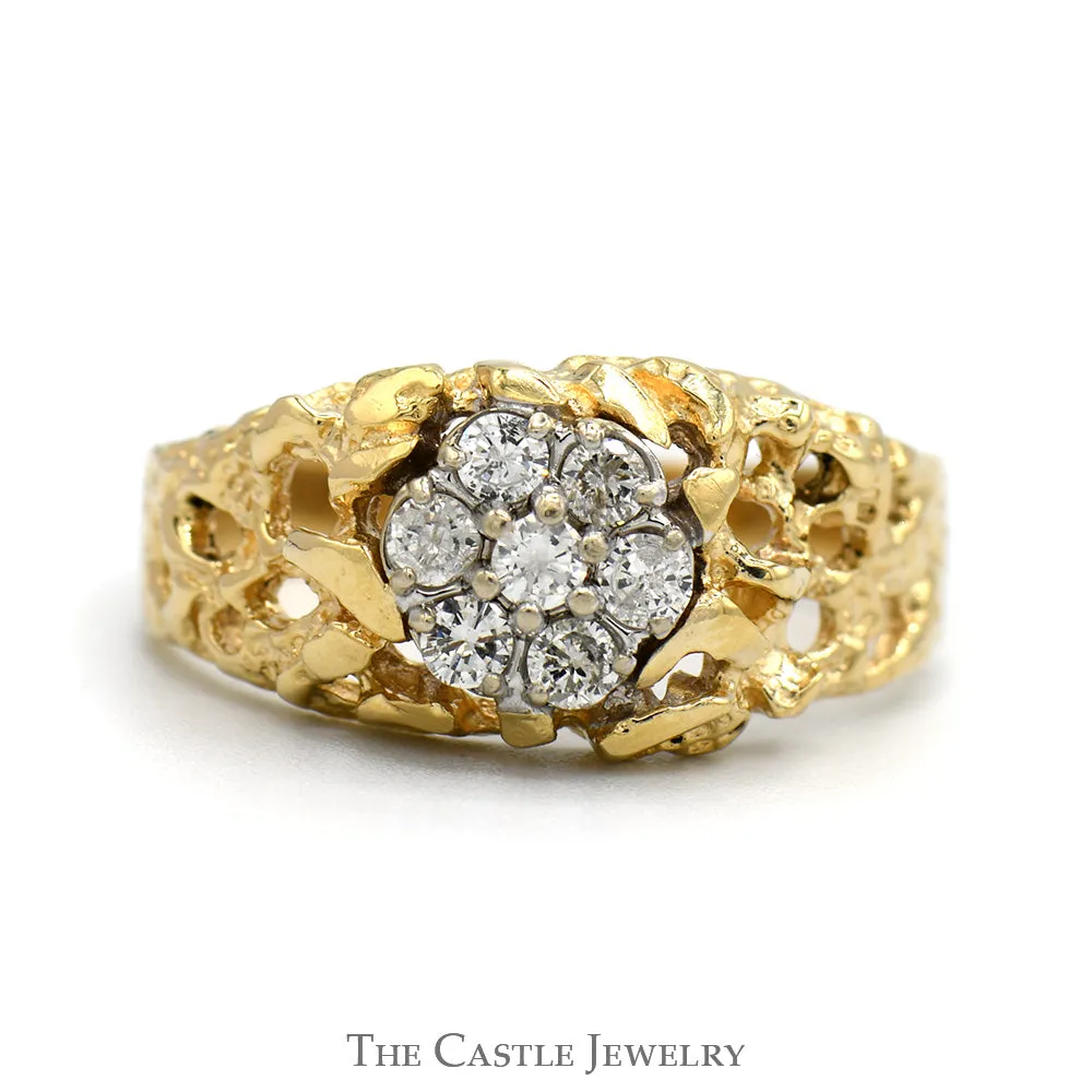Round 7 Diamond Cluster Ring with Open Nugget Designed Sides in 14k Yellow Gold