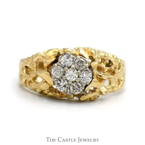 Round 7 Diamond Cluster Ring with Open Nugget Designed Sides in 14k Yellow Gold