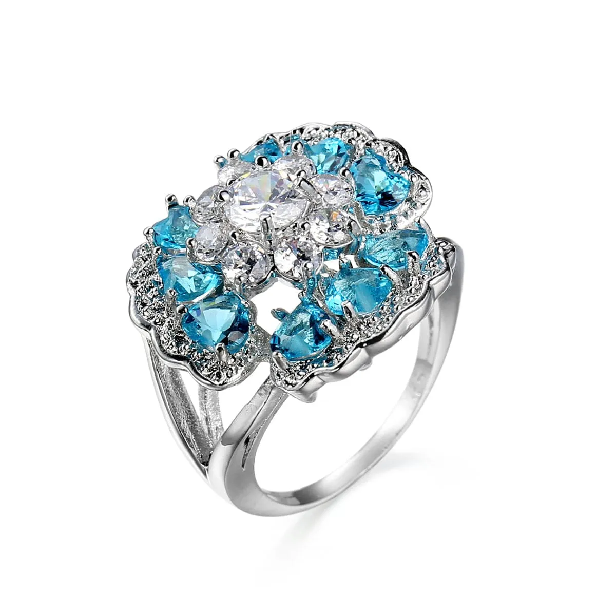 Sea Blue Cubic Zirconia & Crystal Floral Heart Ring